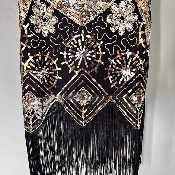 Retro Flapper Dress L Sequin Showgirl Black Fringe Roaring 20s Gatsby Burlesque - Picture 7 of 12